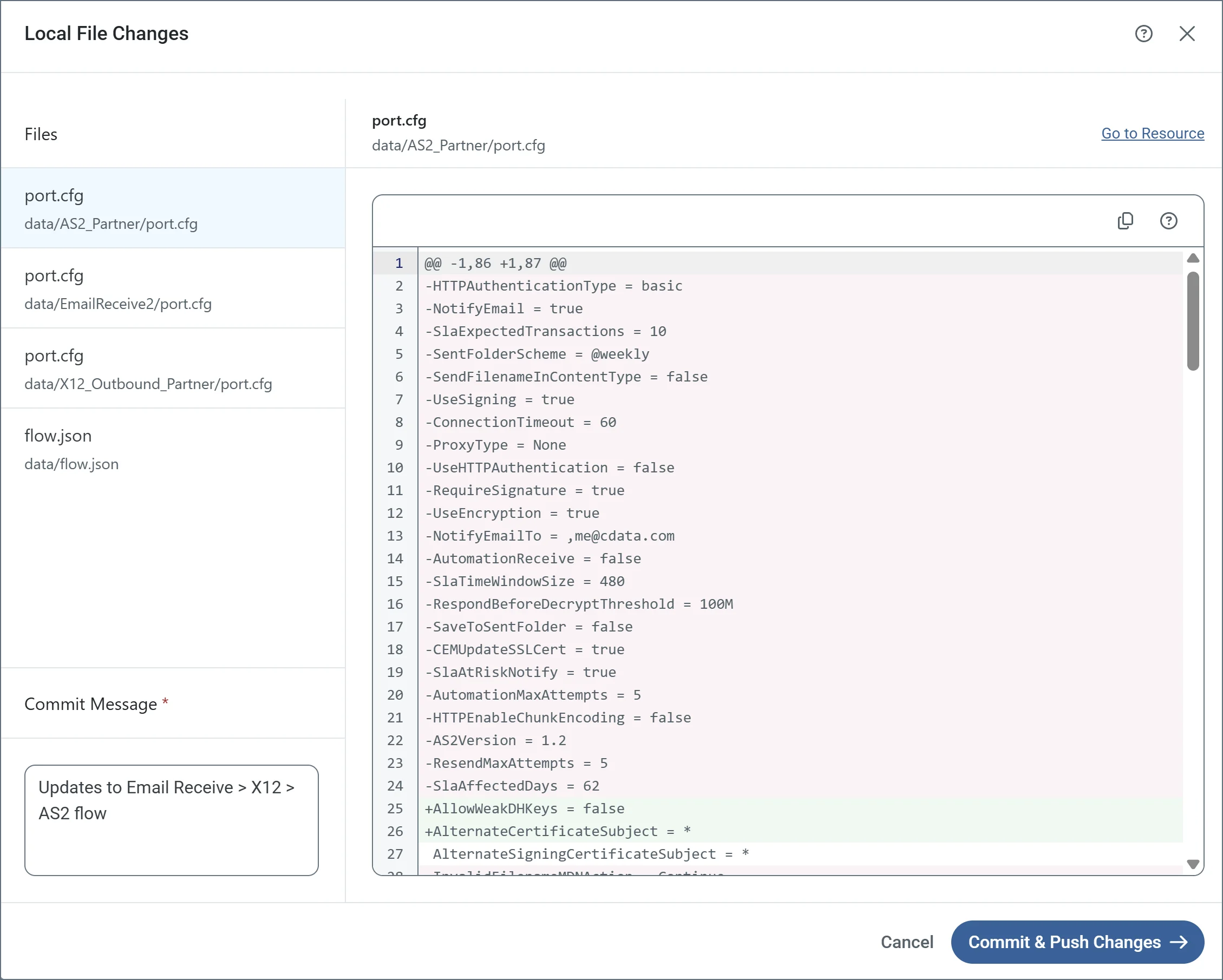 Local file changes pane with commit message field