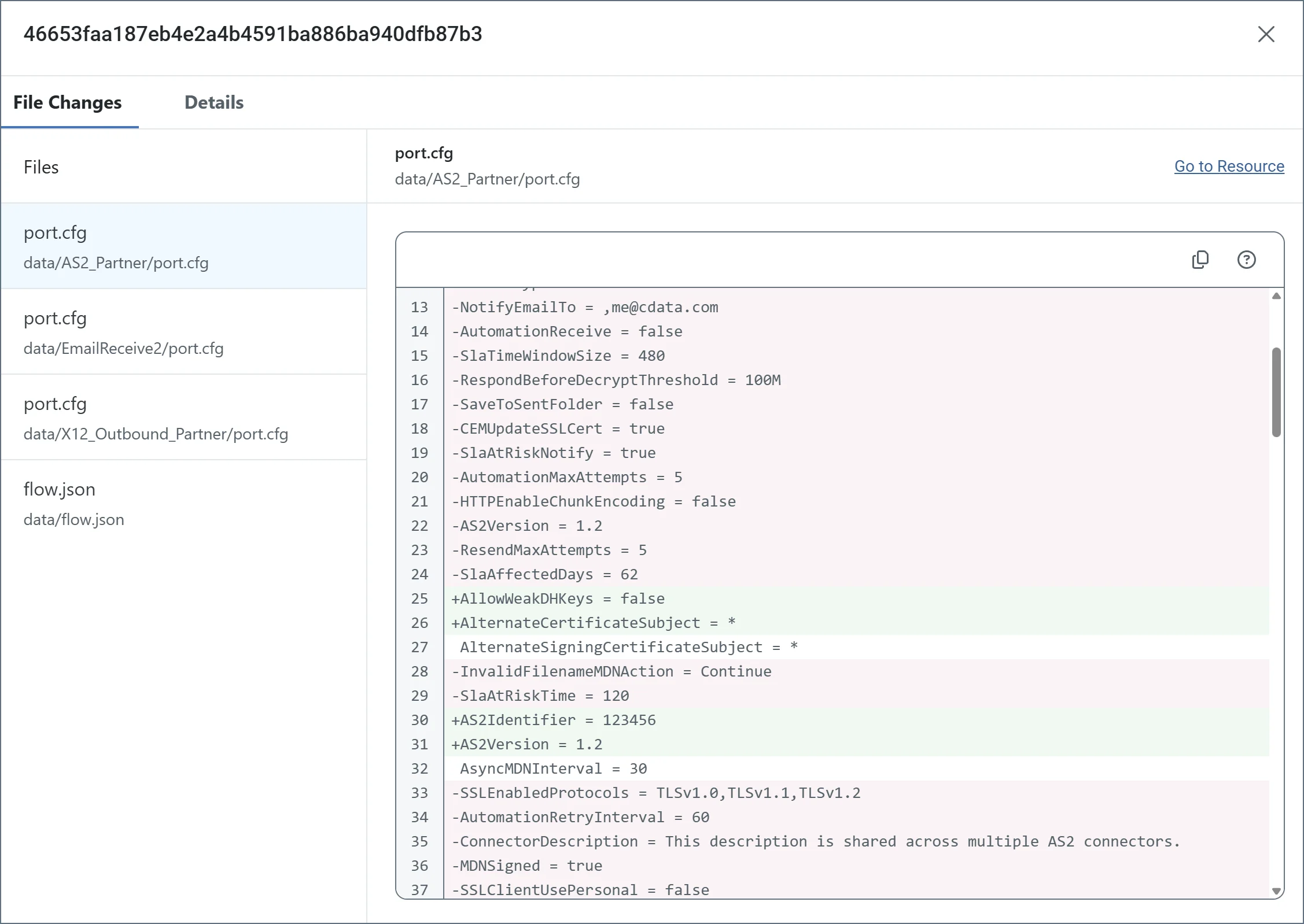 Commit details with file diff view