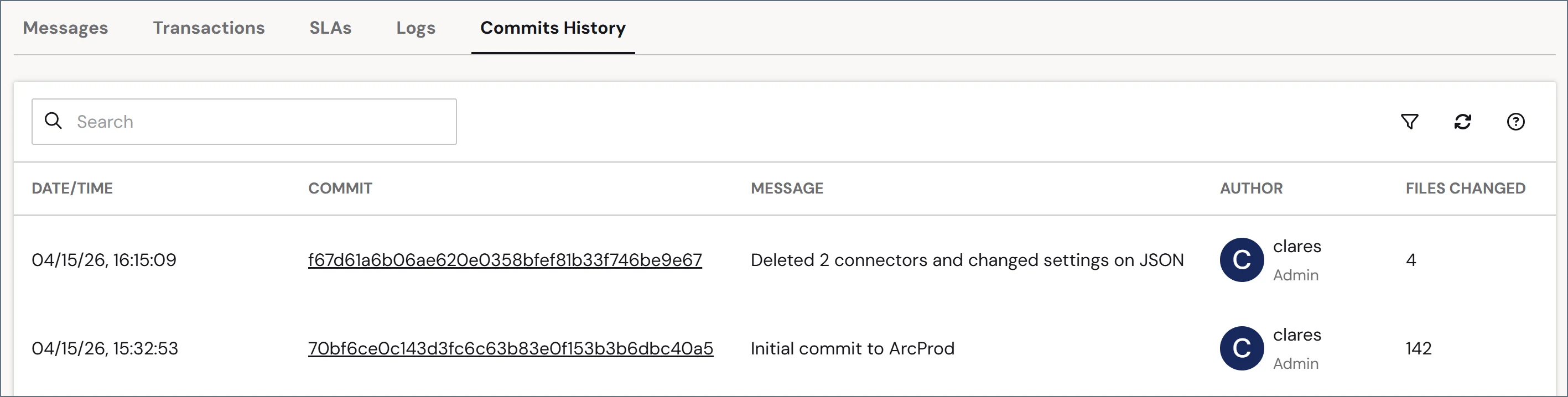 Commit history tab on the Activity page