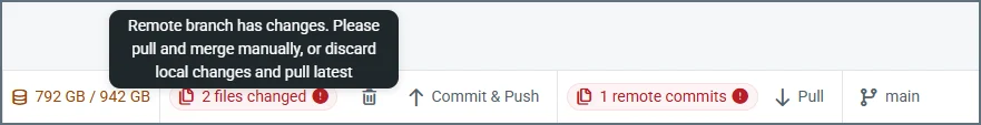 Commit and pull conflict message in toolbar