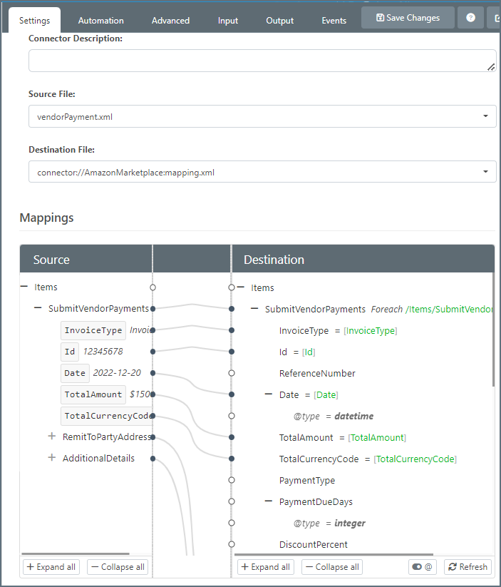 Amazon Marketplace Submit Vendor Payments XML Mapping