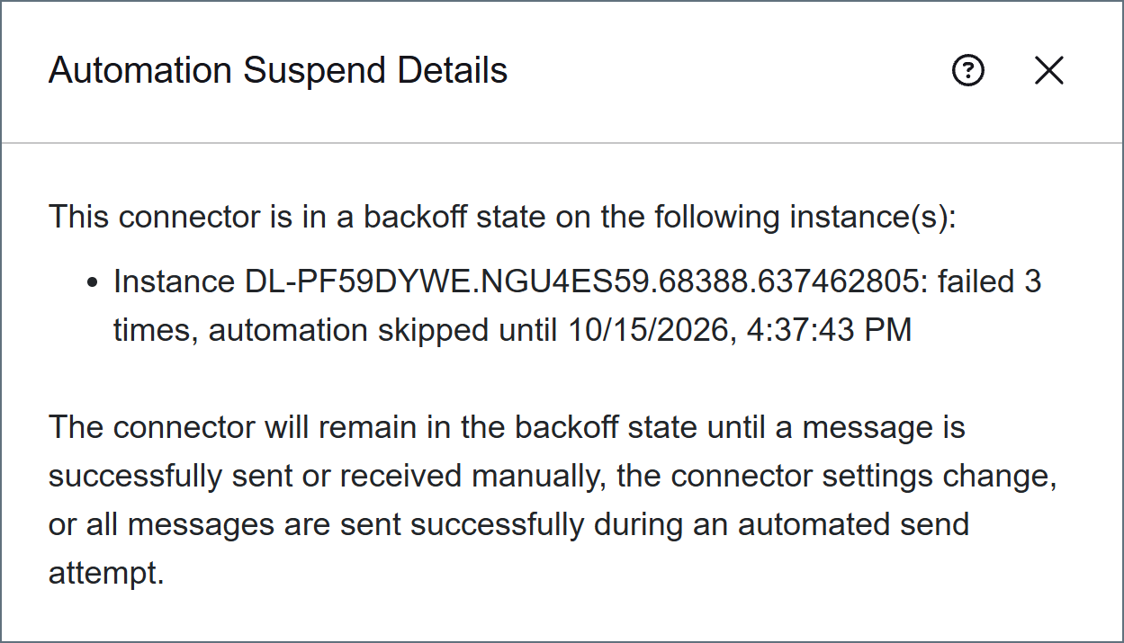 The Automation Suspend Details dialog