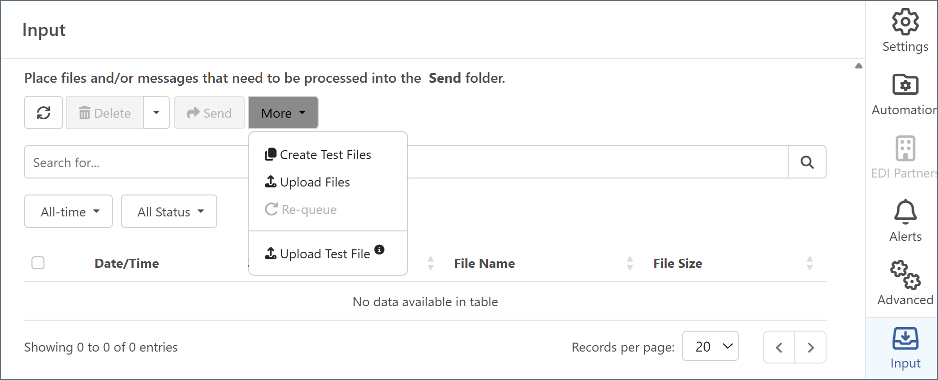Upload Files option on the X12 connector Transactions tab