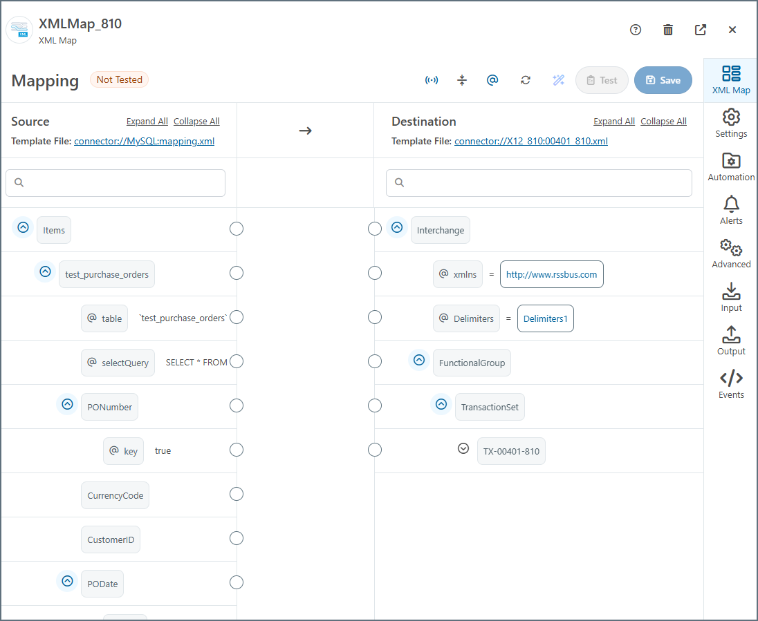 XML Map connector visual designer with MySQL and X12 structures