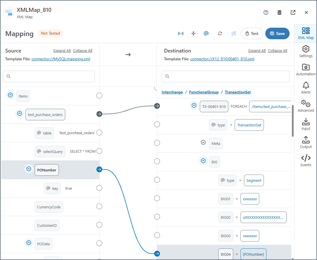 Mapping PONumber to BIG04 in the XML Map connector