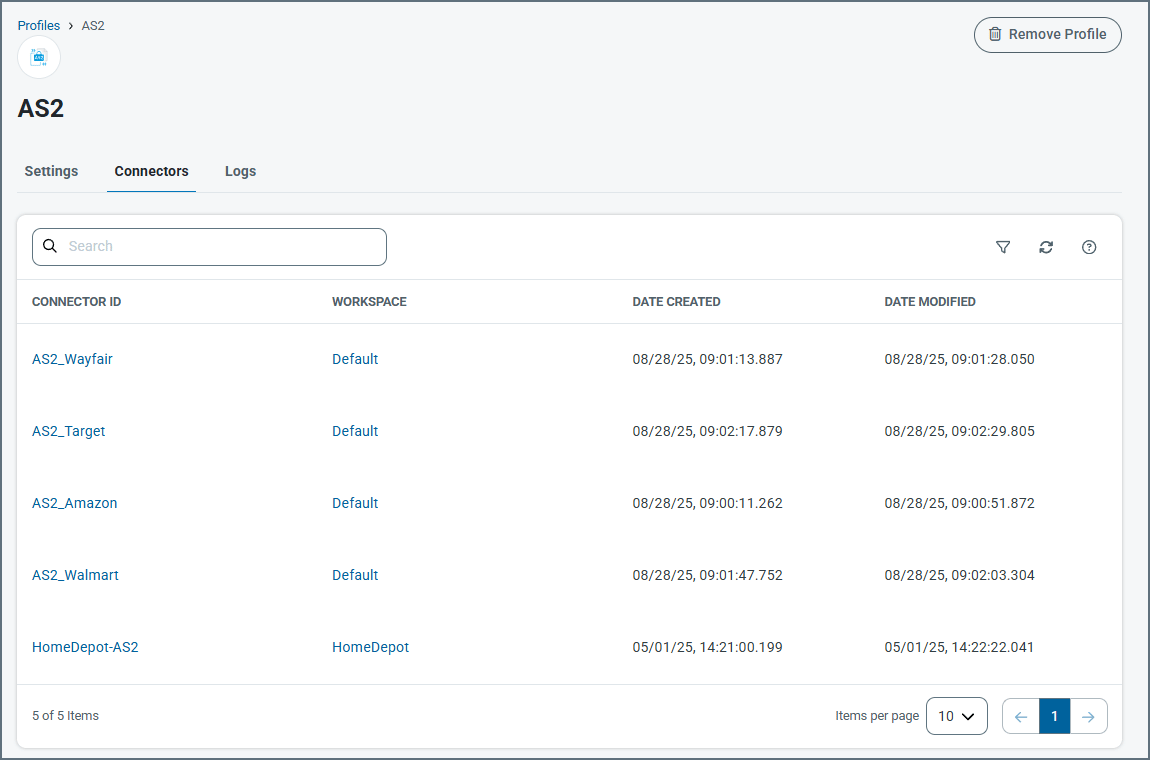 Profiles connectors tab
