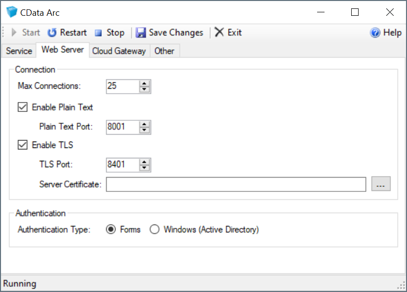 Server options dialog for TLS configuration