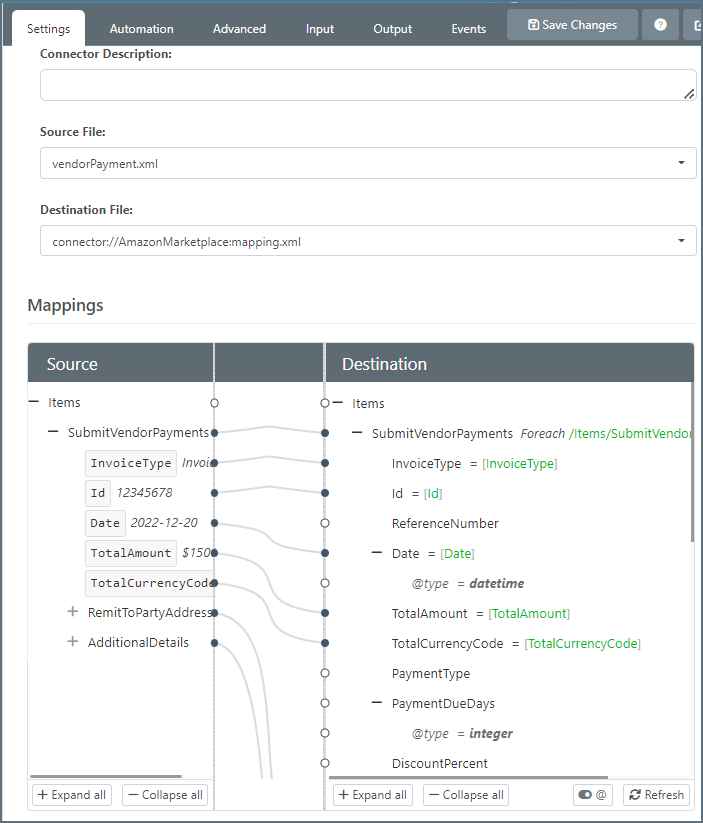 Amazon Marketplace Submit Vendor Payments XML Mapping