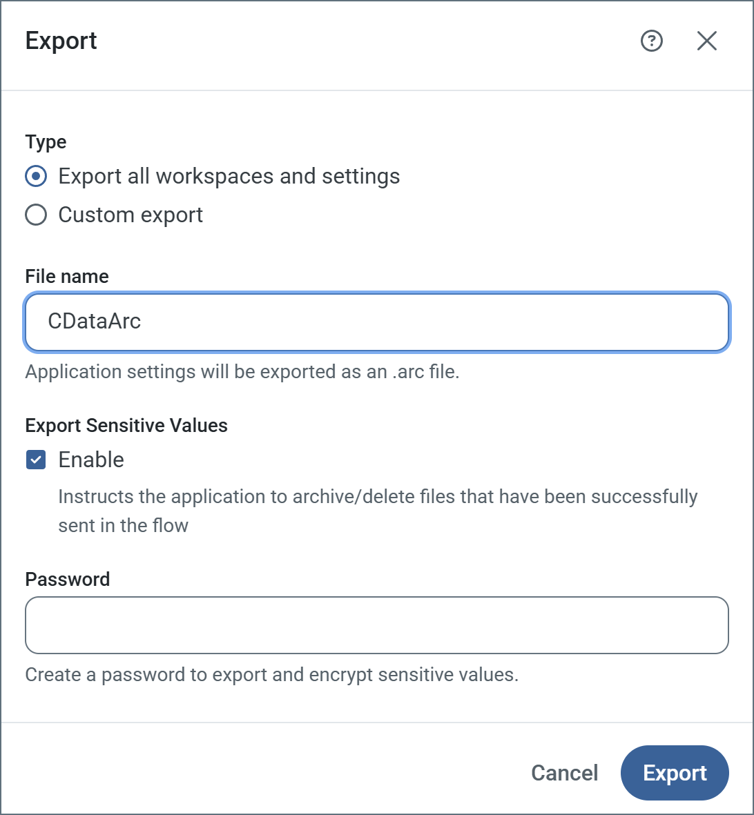 Application settings export dialog