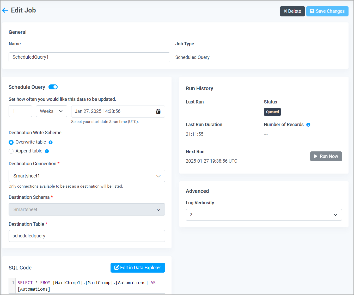 Scheduled queries edit job