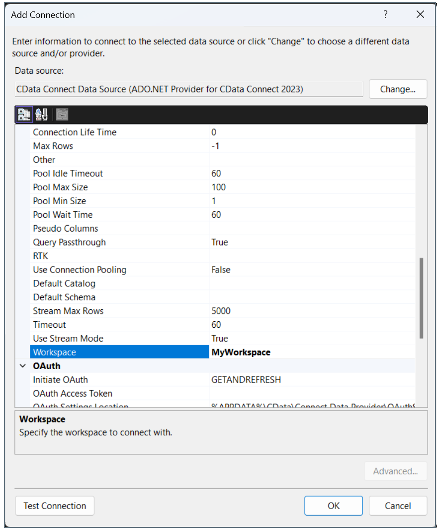 ADO.NET Specify Workspace