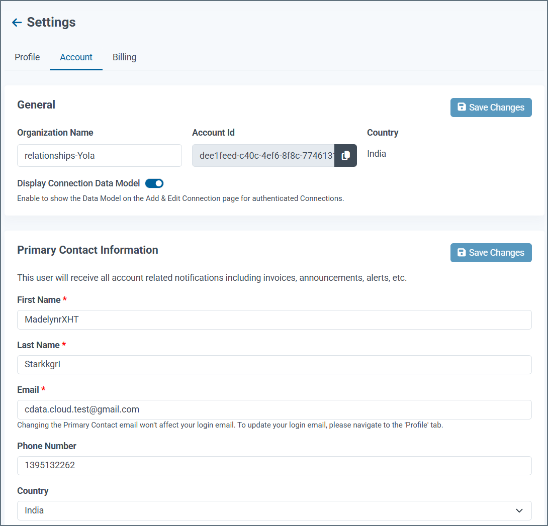 Settings account embedded