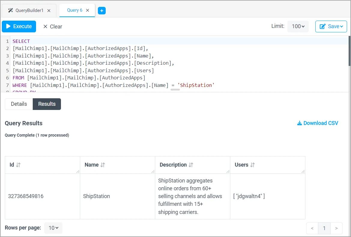 Query builder execute