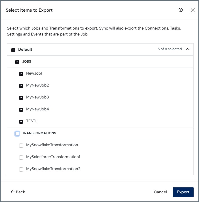 エクスポートするアイテムを選択ダイアログ