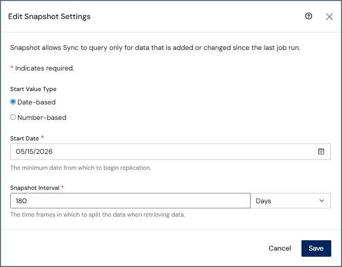 Edit Snapshot Settings dialog box showing Date-based start date option