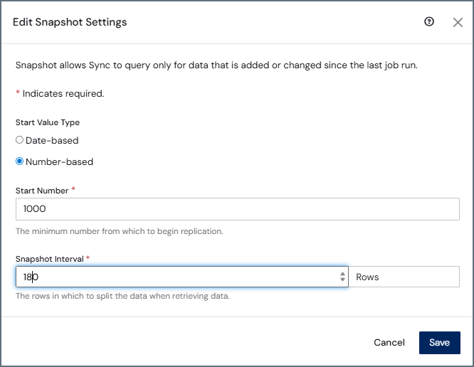 Edit Snapshot Settings dialog box showing Number-based start number option