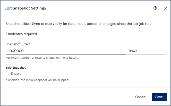 Edit Snapshot Settings dialog box for CDC jobs showing Snapshot Size