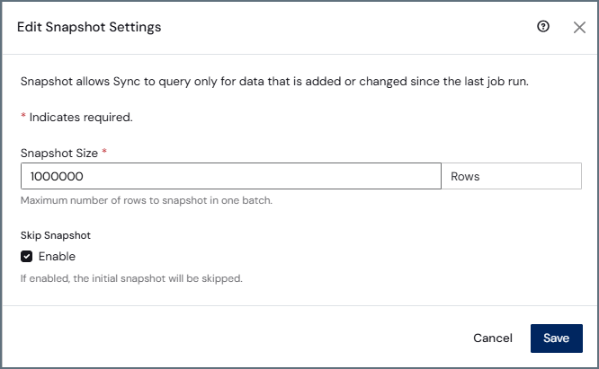 Edit Snapshot Settings dialog box for CDC jobs showing Skip Snapshot option