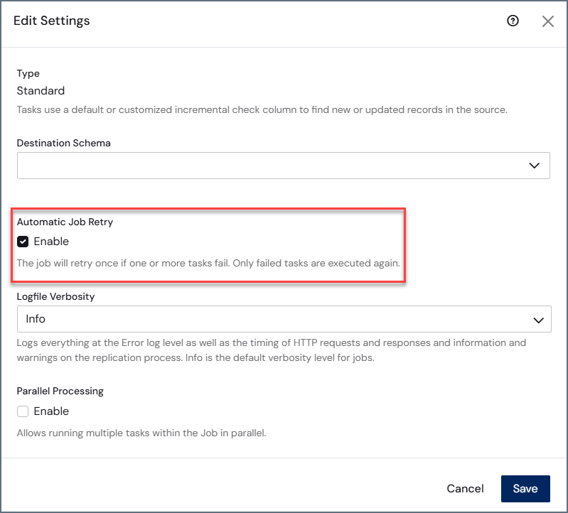 Edit Settings dialog box showing Automatic Job Retry option