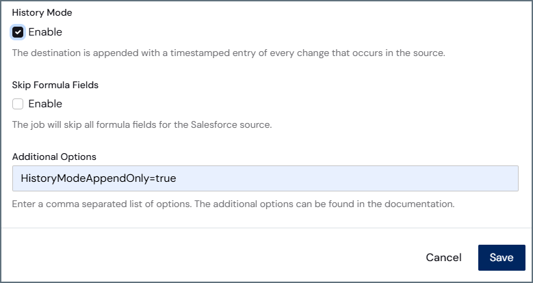 Edit Replicate Options dialog box showing HistoryModeAppendOnly option for a job