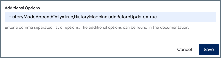 Edit Replicate Options dialog box showing HistoryModeIncludeBeforeUpdate option