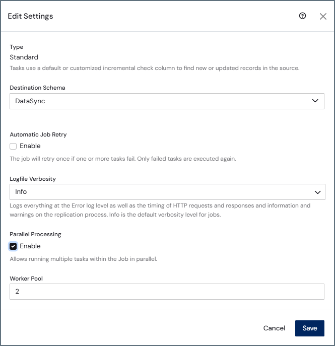 Edit Settings dialog box showing Parallel Processing option