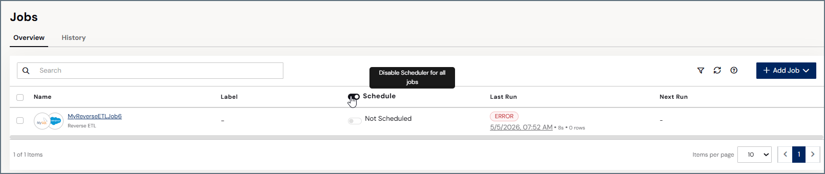 Schedule toggle on the Jobs page