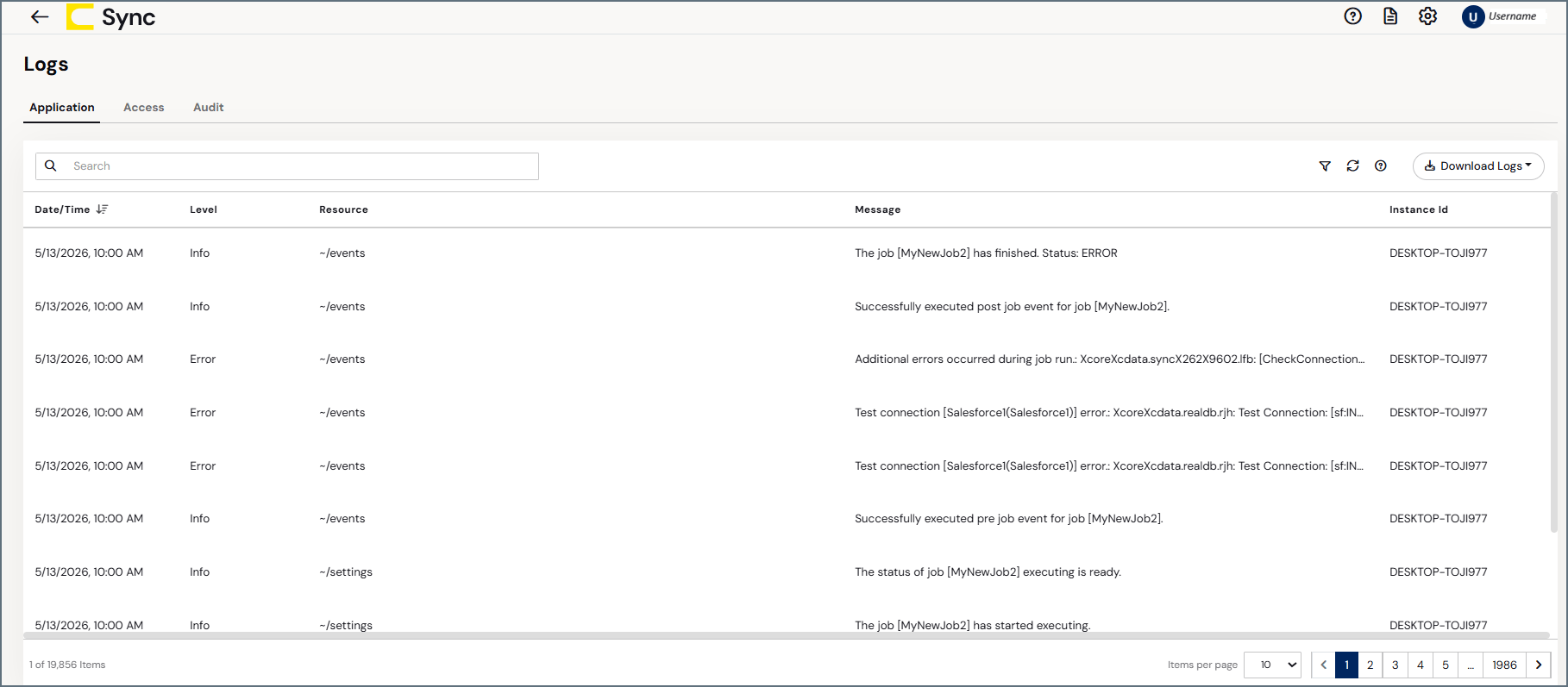 Logs page tabs