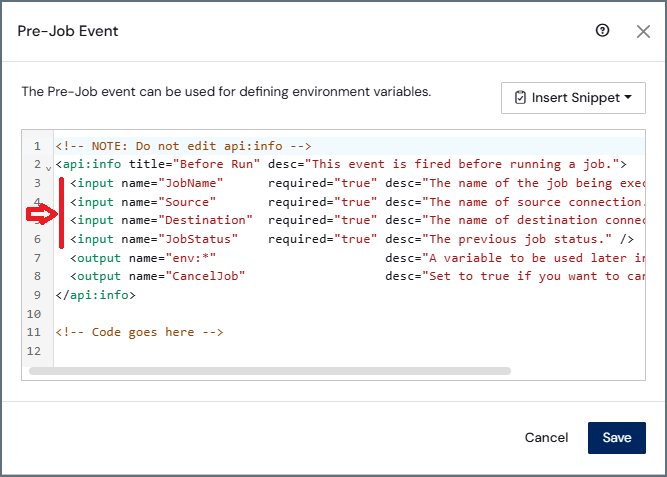 Pipeline error from input variables in event script