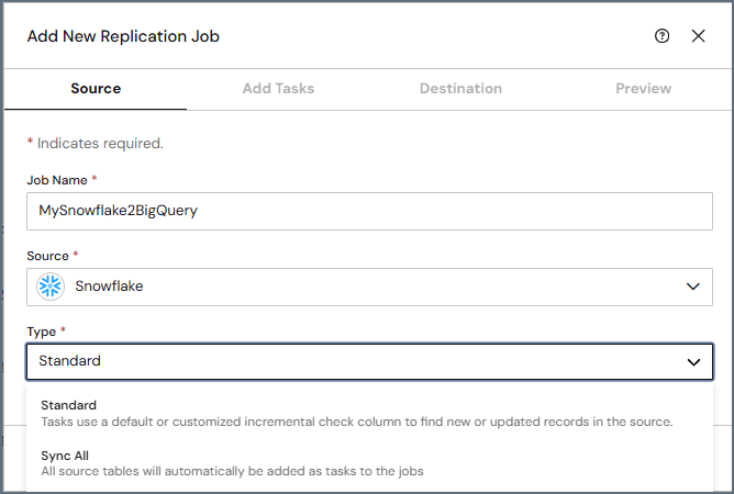 Source tab with job name and source connection fields