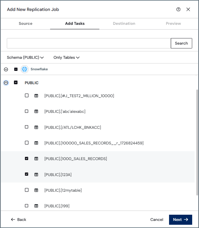 Add Tasks tab with table selection