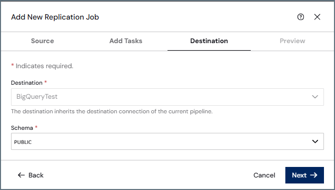 Destination tab with schema selection