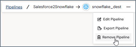 Pipeline editor options menu with Remove Pipeline option