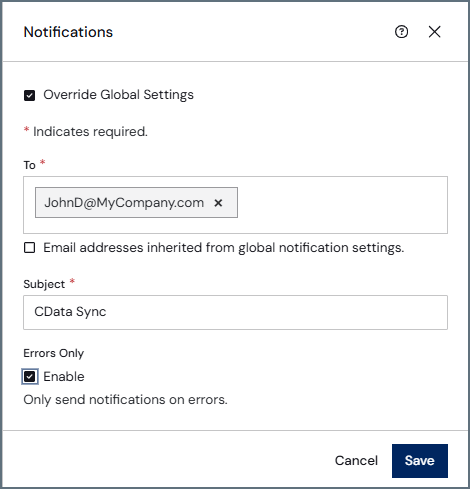 Notifications dialog with Override Global Settings option