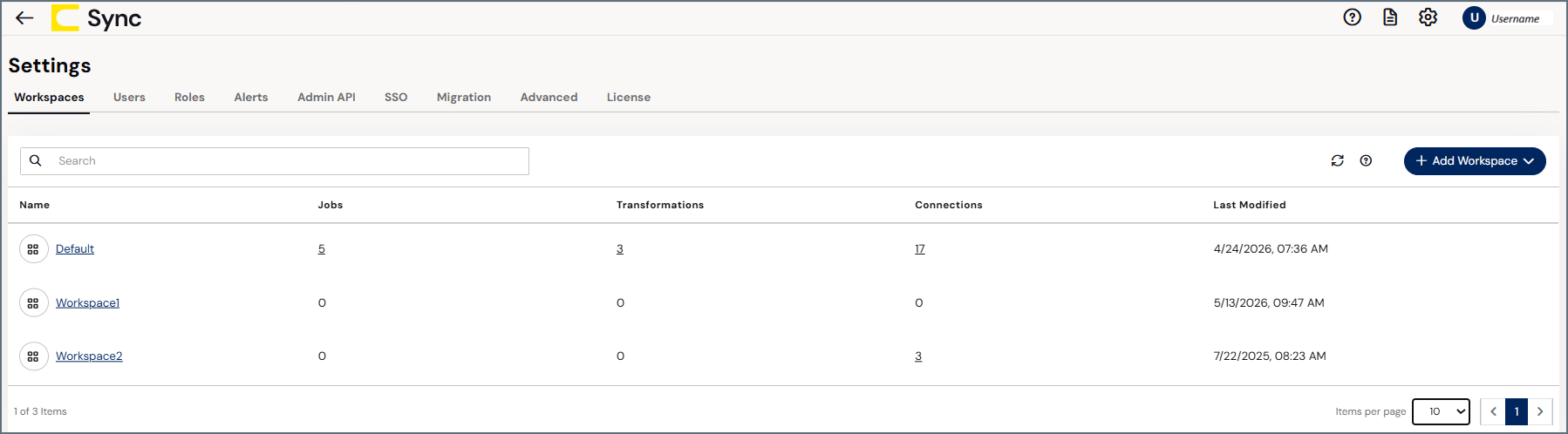 Settings Page workspaces tab