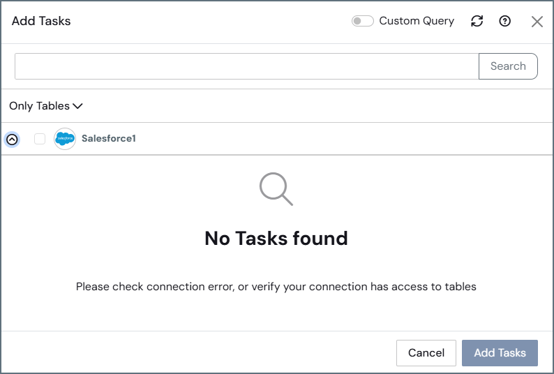 Add Tasks dialog box showing no results message
