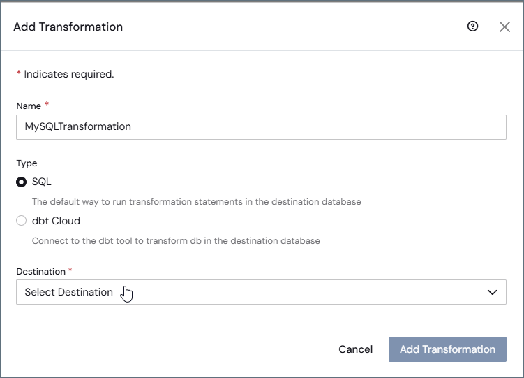 Add Transformation dialog box