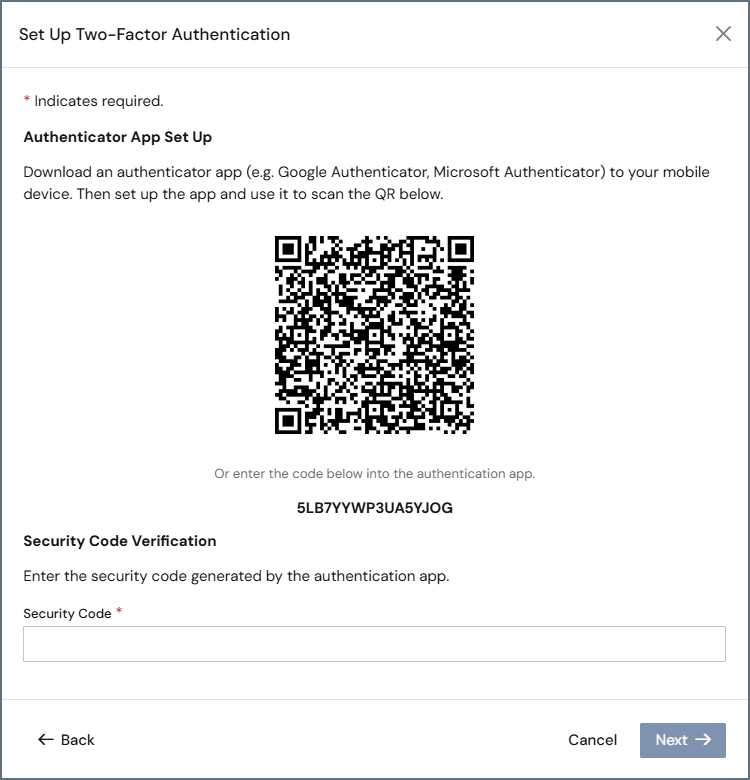 Set Up Two-Factor Authentication QR code dialog box