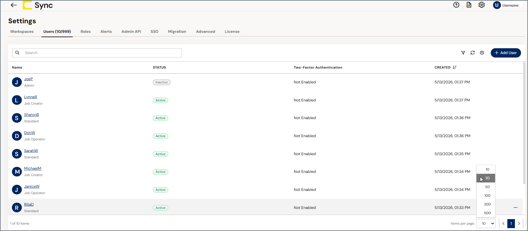 Users table on the System Settings page