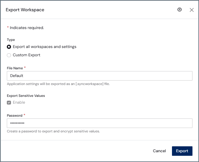 Export Workspace dialog box