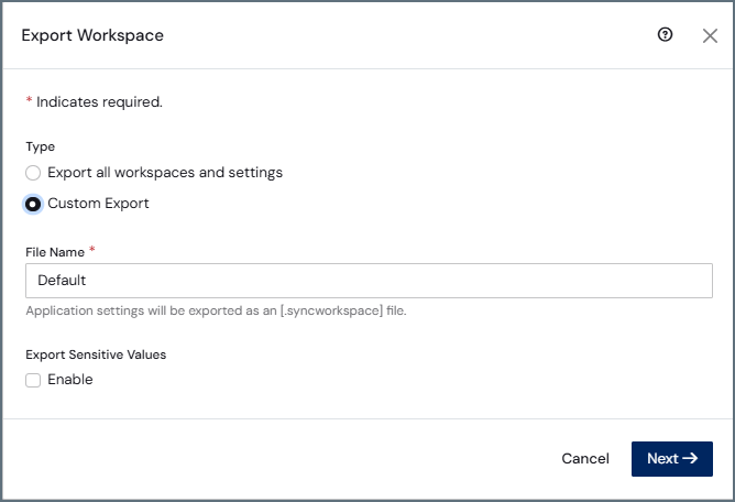 Export Workspace dialog box with Custom Export selected
