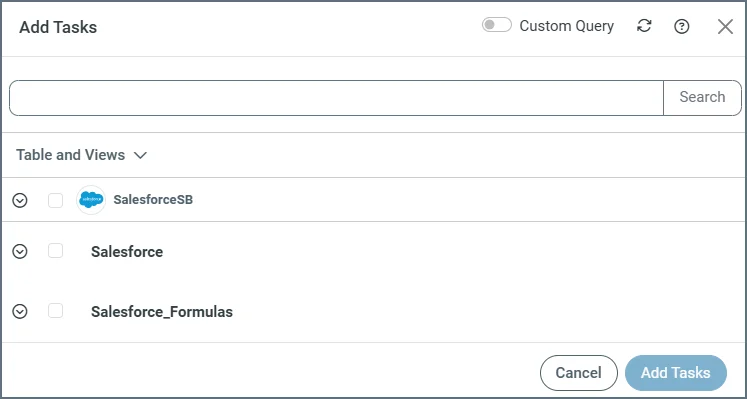 Salesforce schema options in the Add Tasks dialog box