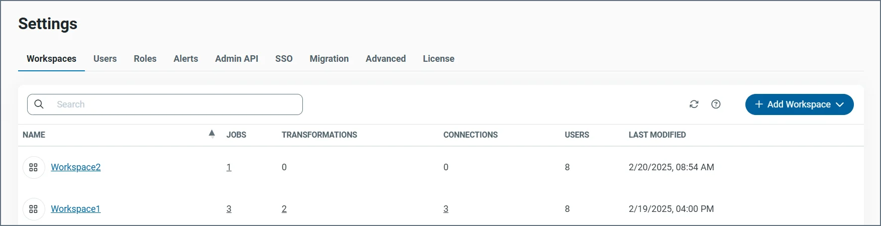 Settings Page workspaces tab