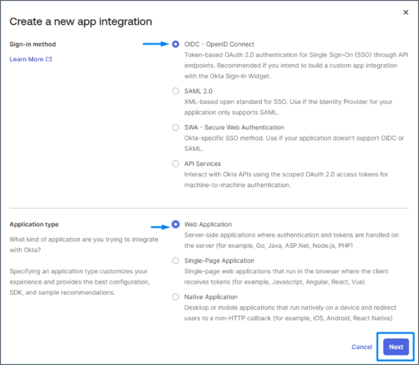 Okta OIDC app type selection