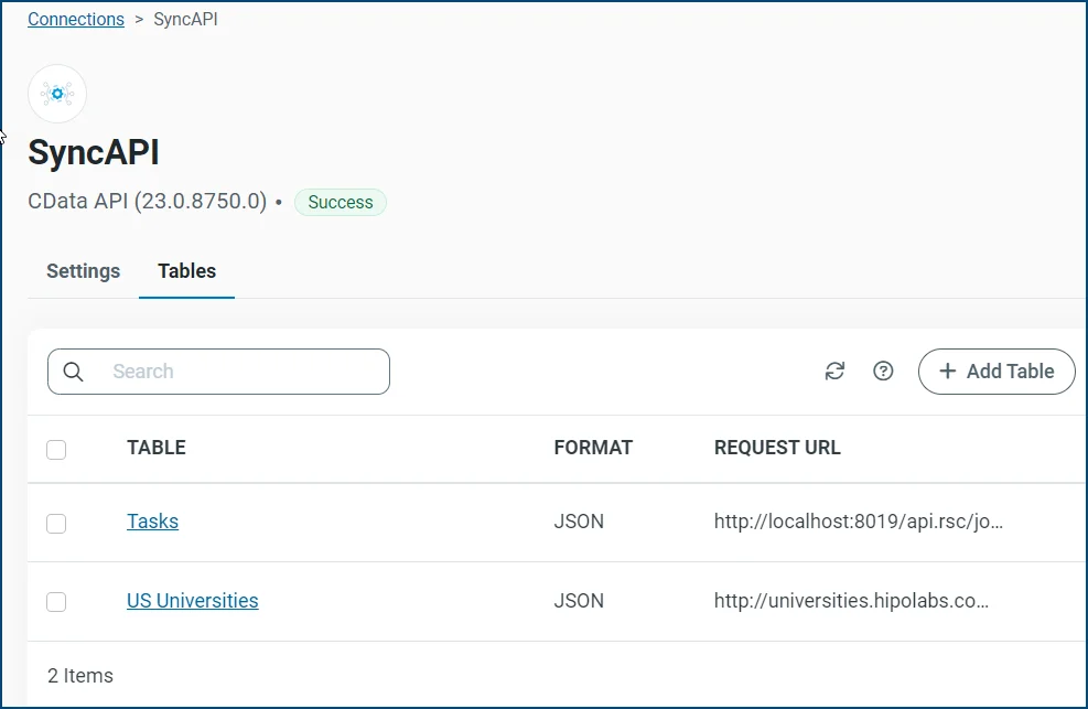 Table on API connector page