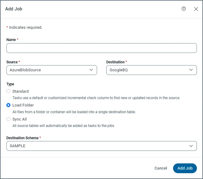 Add Job dialog box with Load Folder type selected