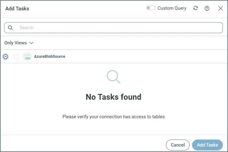 Message displayed when no tables or views match the filter