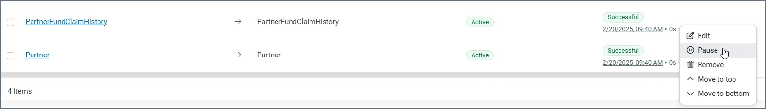 Options menu with Pause option for a single task