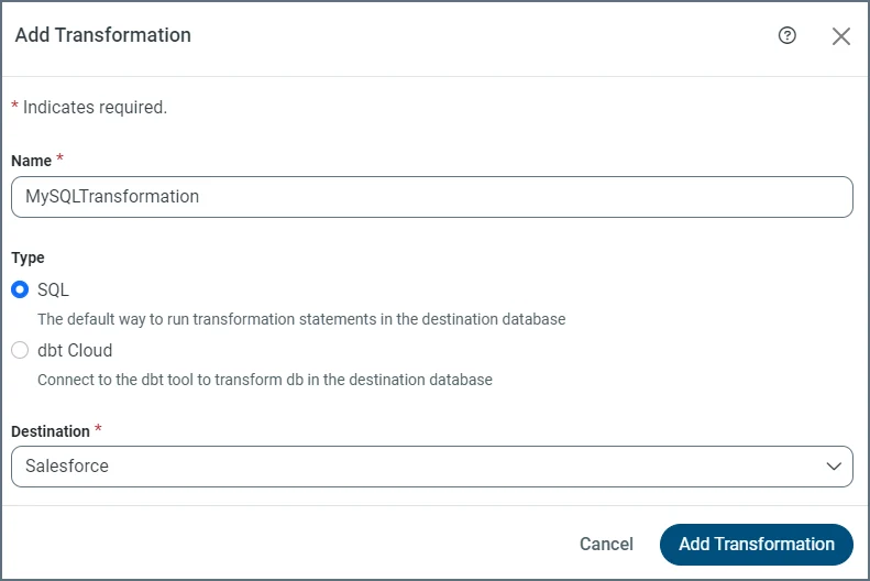 Add Transformation dialog box