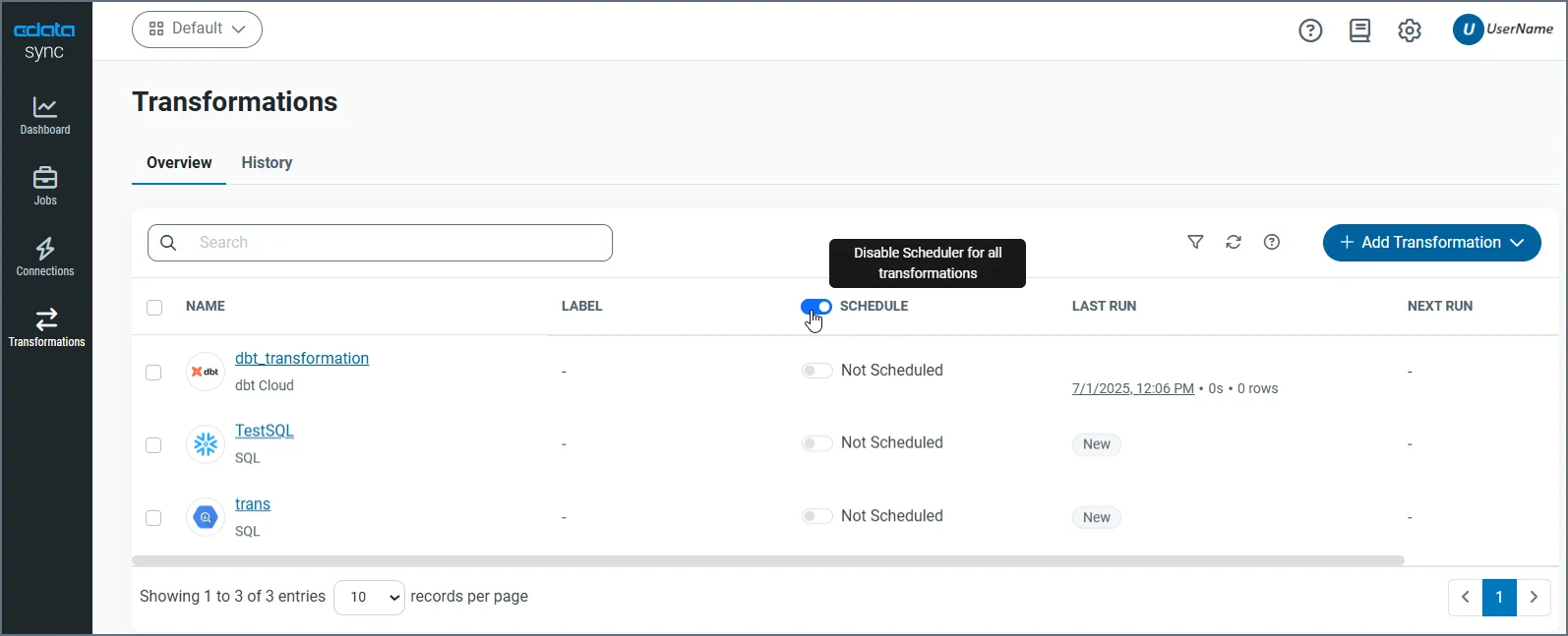 Scheduler toggle in SCHEDULE column